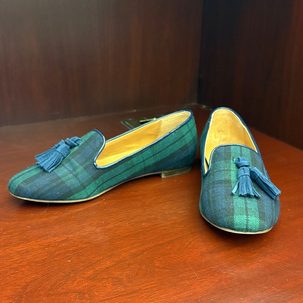 J. Crew Green and Blue Plaid Loafers with Tassels